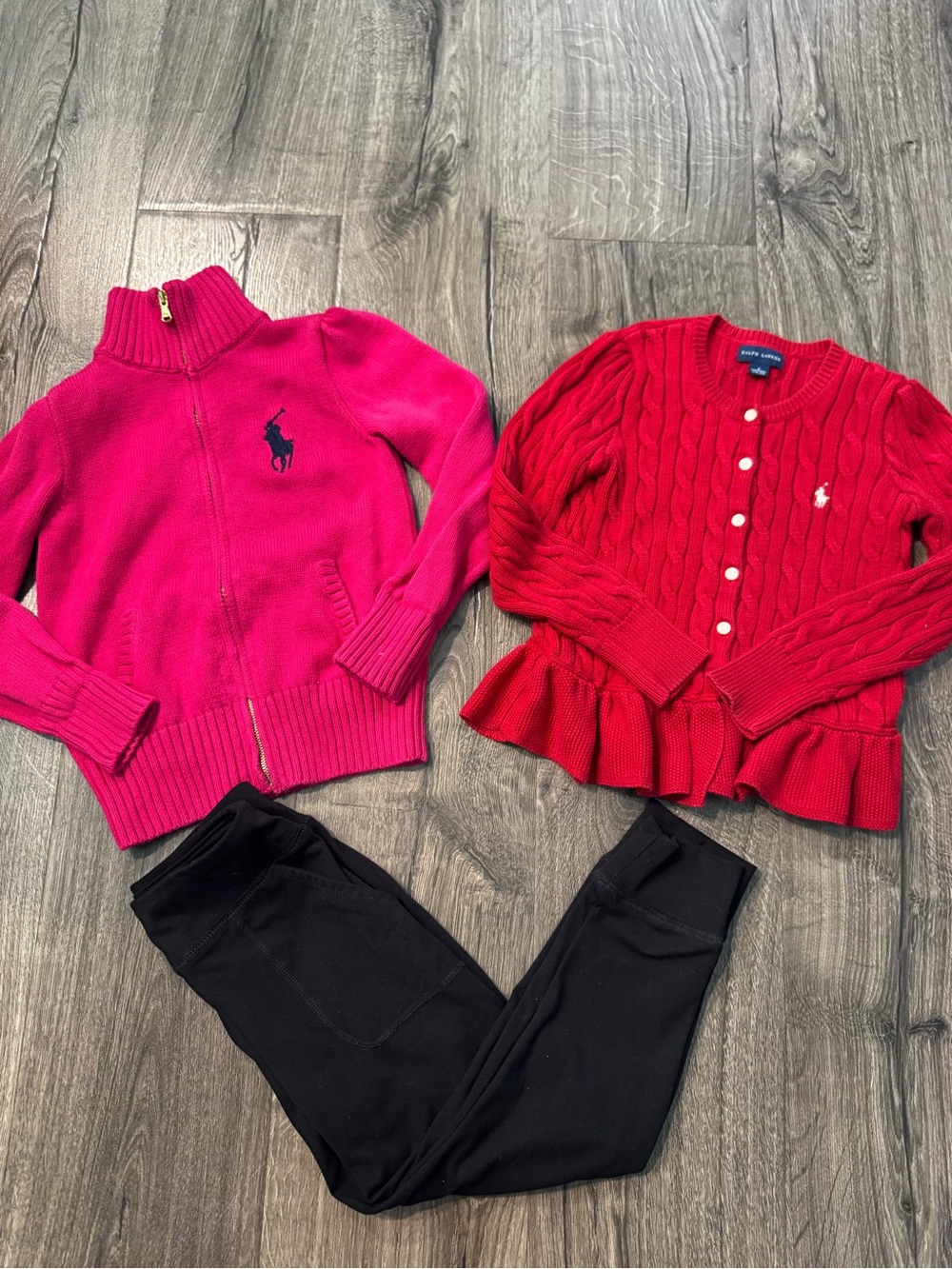 Ralph Lauren Hot Pink Zip Sweater and Red Cable-Knit Cardigan Set black pants